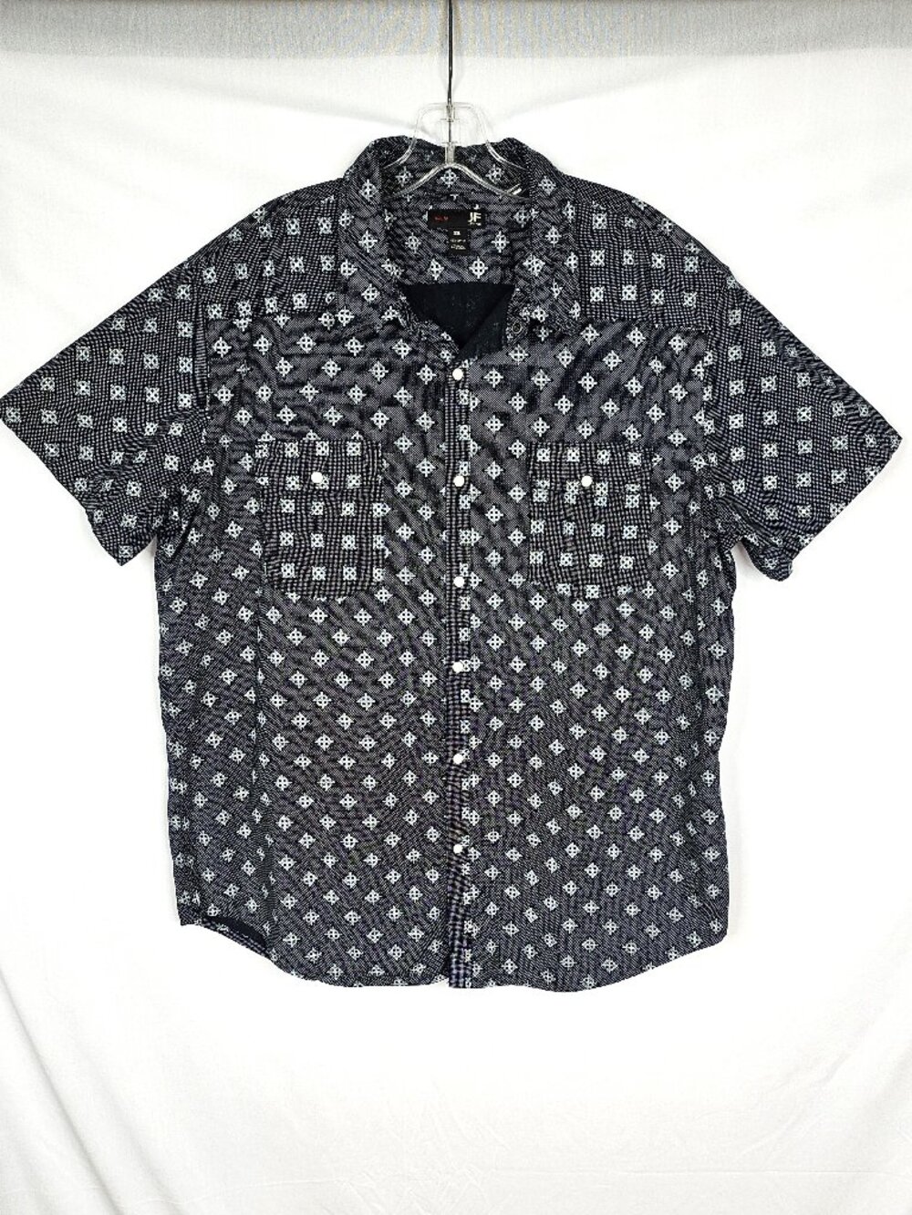 JF J.Ferrar | Men's XXL Snap Front Shirt | Black White Geometric Print